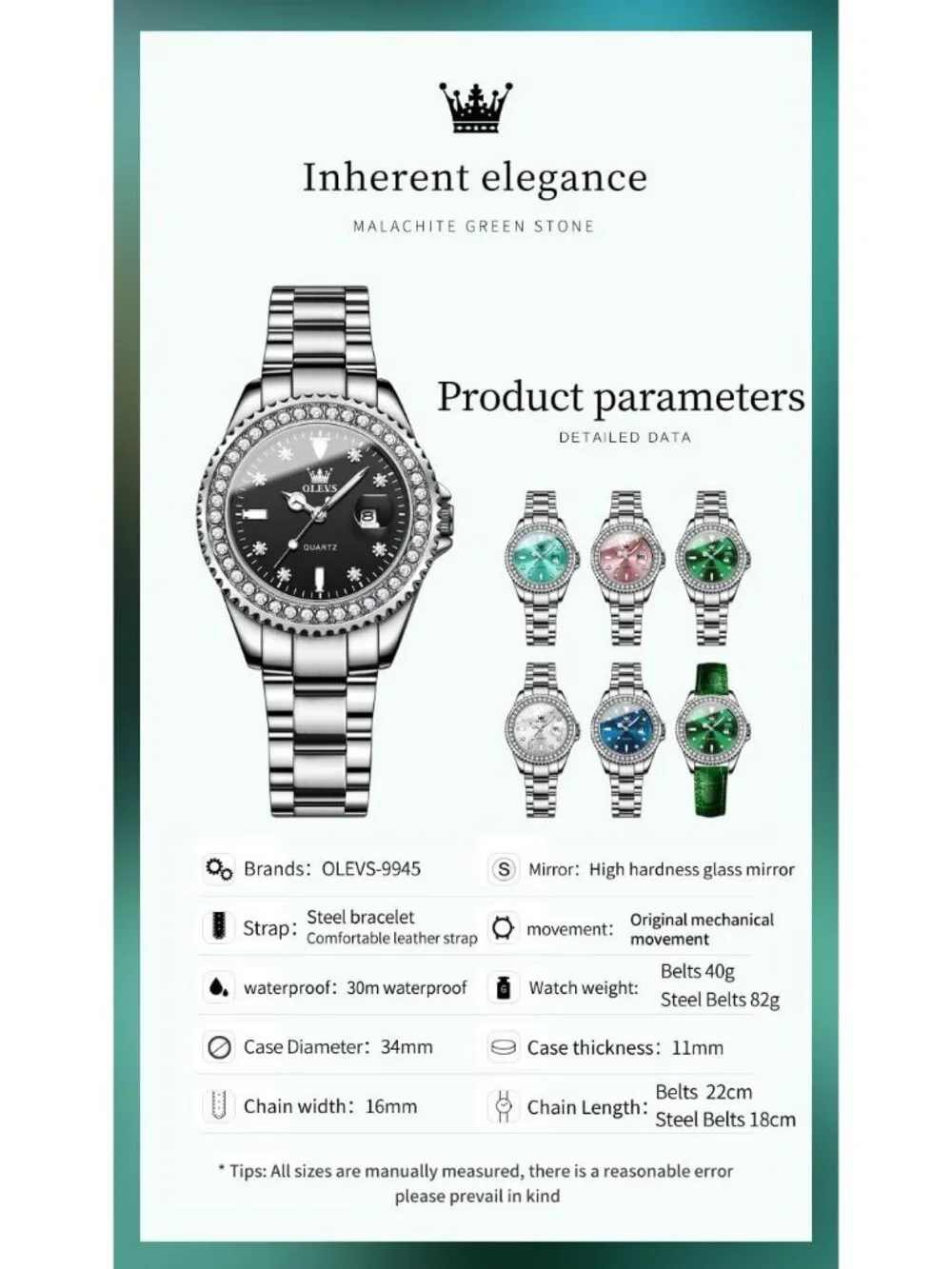 Women's Black Luxury Diamond with Date Analog Quartz Waterproof Wrist Watch